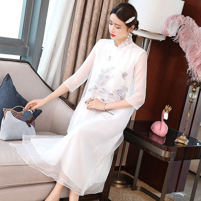 Floral Embroidery Illusion Sleeve Hanfu Causal Dress Traiditonal Chinese Costume