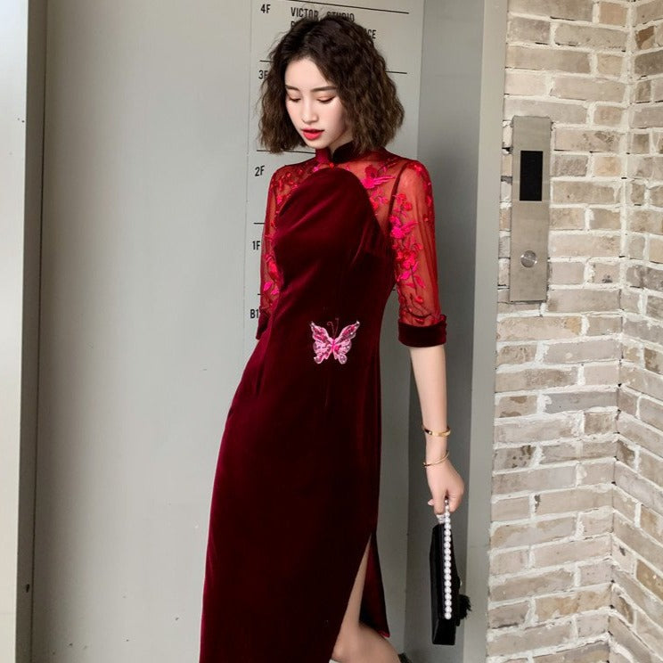 Floral Embroidery Illusion Sleeve Velvet Cheongsam Knee Length Chinese Dress