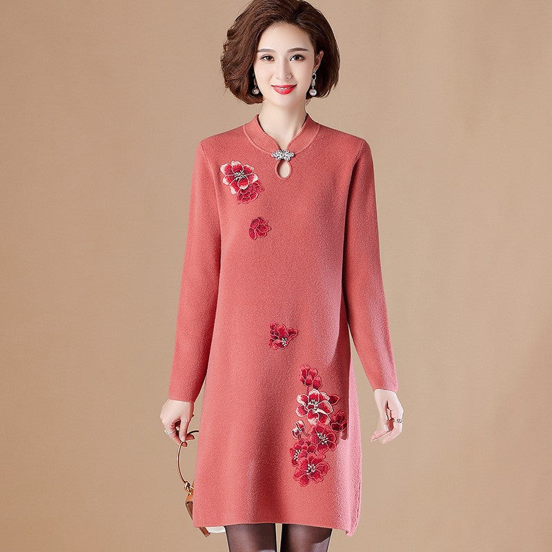 Floral Embroidery Key Hole Neck Long Sleeve Knee Length A-line Knit Dress