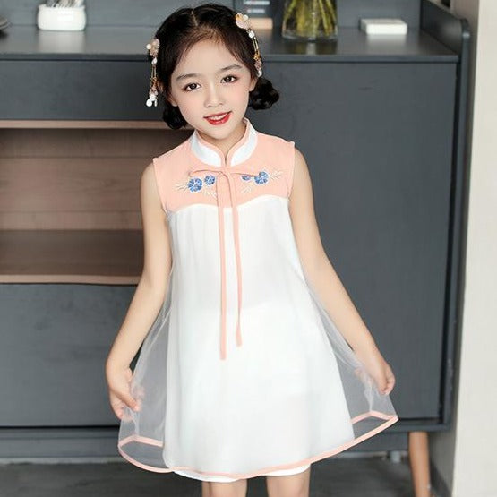 Floral Embroidery Kid's Cheongsam Chiffon Chinese Dress