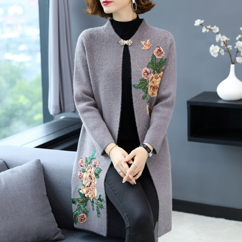 Floral Embroidery Knee Length Chinese Style Knit Mother Coat Shawl