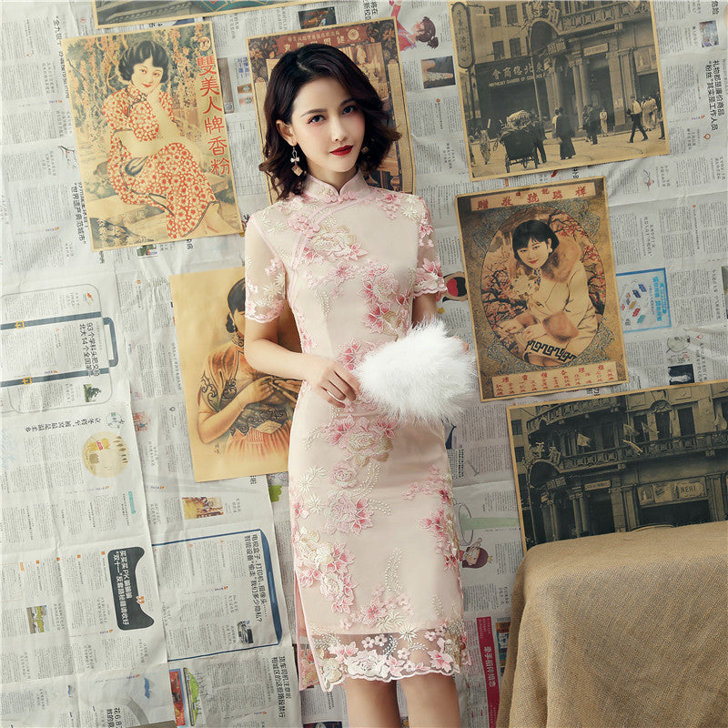 Floral Embroidery Knee Length Modern Cheongsam Chinese Dress