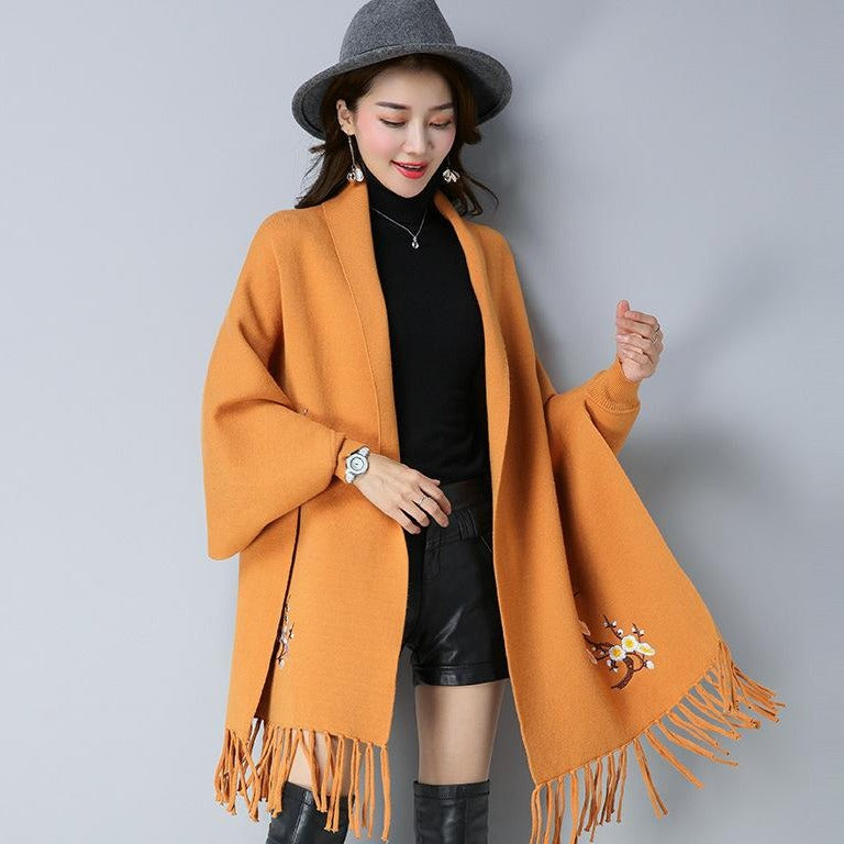 Floral Embroidery Knit Cape Jacket with Tassels