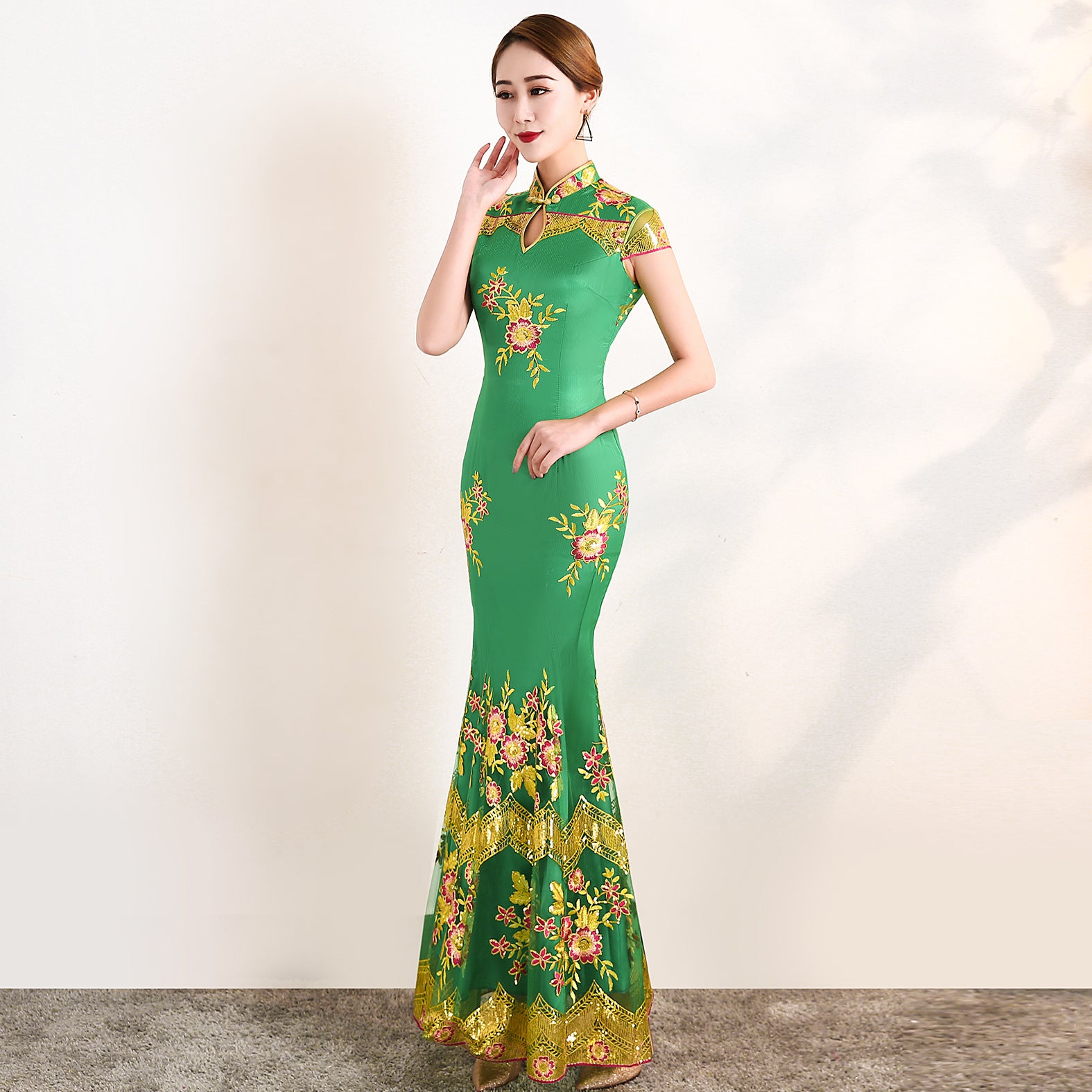 Floral Embroidery Lace Full Length Mermaid Cheongsam Evening Dress