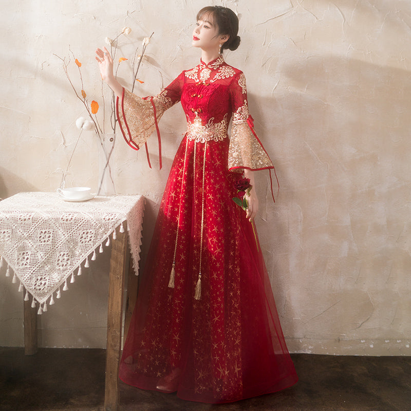 Floral Embroidery Lace Trumpet Sleeve Velvet Oriental Evening Dress