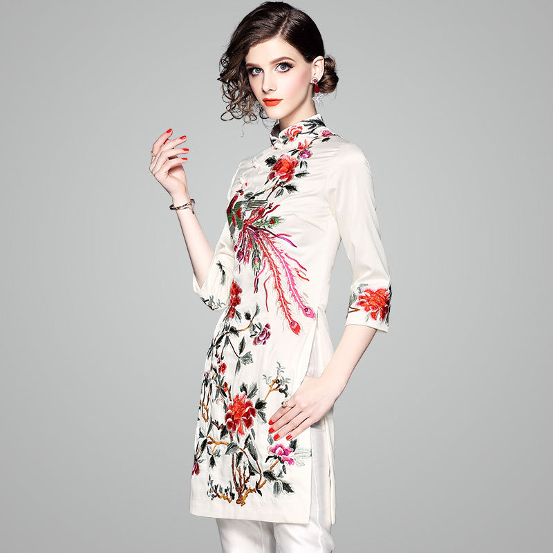 Floral Embroidery Long Sleeve Cheongsam Herve Leger Dress