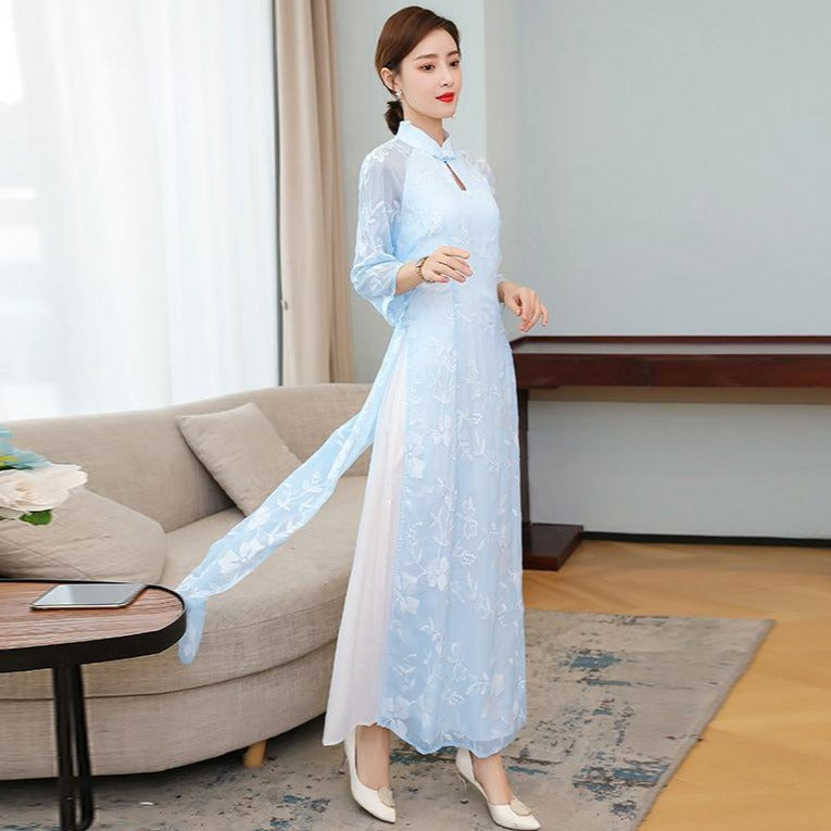 Floral Embroidery Long Sleeve Full Length Chiffon Ao Dai Dress