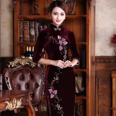 Floral Embroidery Long Sleeve Full Length Velvet Cheongsam Chinese Dress