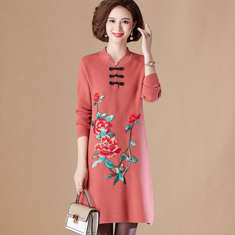 Floral Embroidery Long Sleeve Knee Length A-line Knit Dress Mother Dress