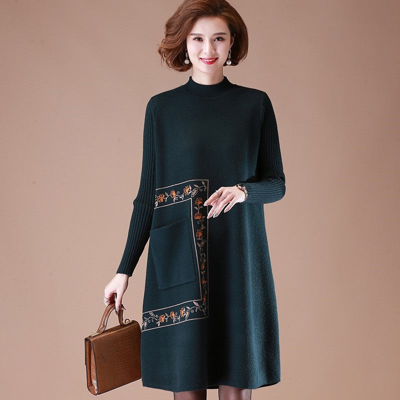 Floral Embroidery Long Sleeve Knee Length A-line Knit Dress with Pocket