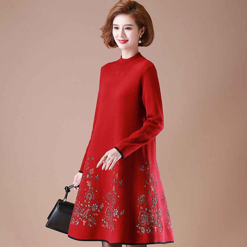 Floral Embroidery Long Sleeve Knee Length A-line Woolen Knit Dress