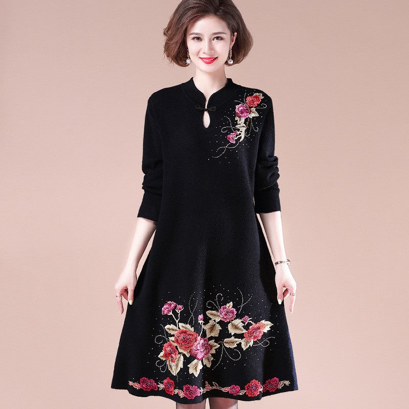 Floral Embroidery Long Sleeve Knee Length Modern Cheongsam A-line Knit Dress