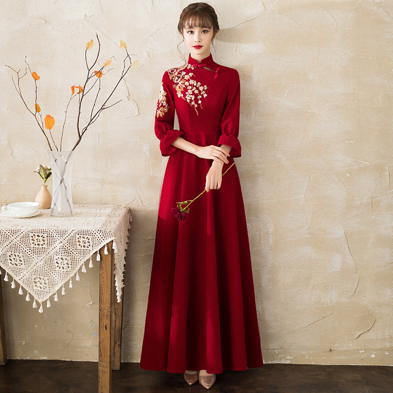 Floral Embroidery Long Sleeve Mandarin Collar Oriental Evening Dress