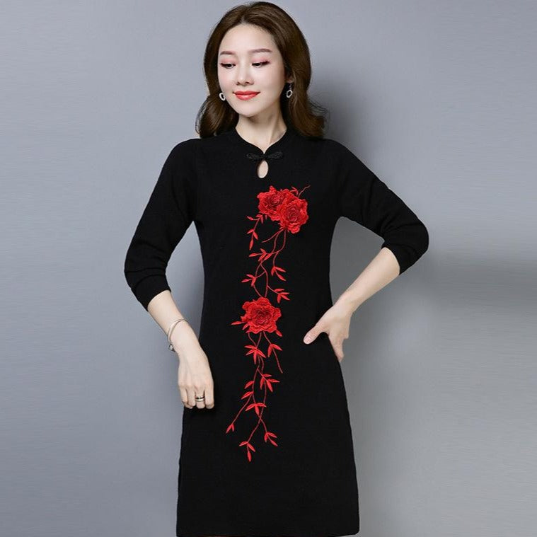 Floral Embroidery Long Sleeve Retro Cheongsam Knee Length Sweater Dress