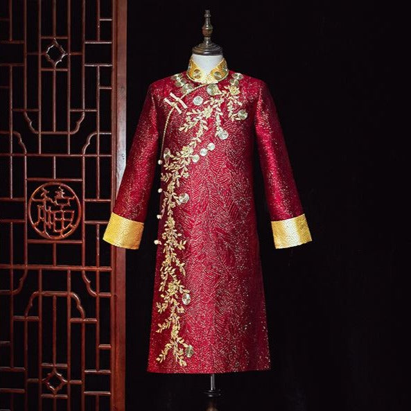 Floral Embroidery Mandarin Collar Brocade Traditional Chinese Groom Suit