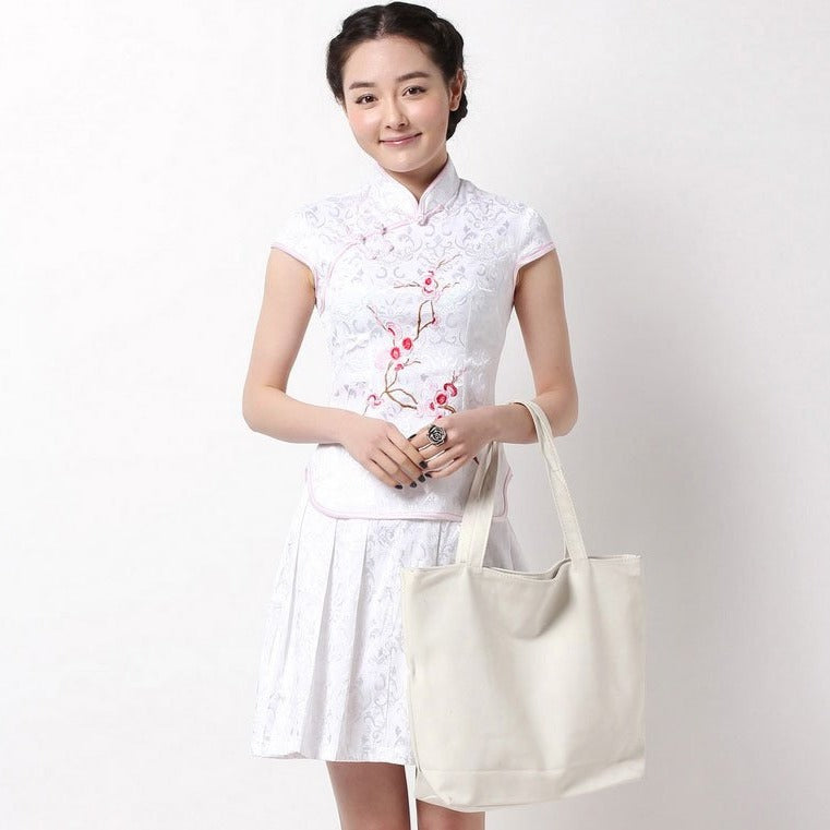 Floral Embroidery Mandarin Collar Cheongsam Top Chinese Dress