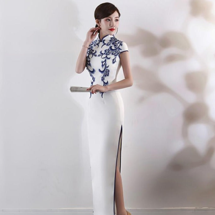 Floral Embroidery Mandarin Collar Full Length Cheongsam Evening Dress