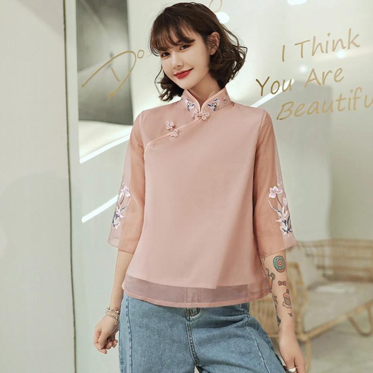 Floral Embroidery Mandarin Collar Half Sleeve Cheongsam Top Chinese Shirt