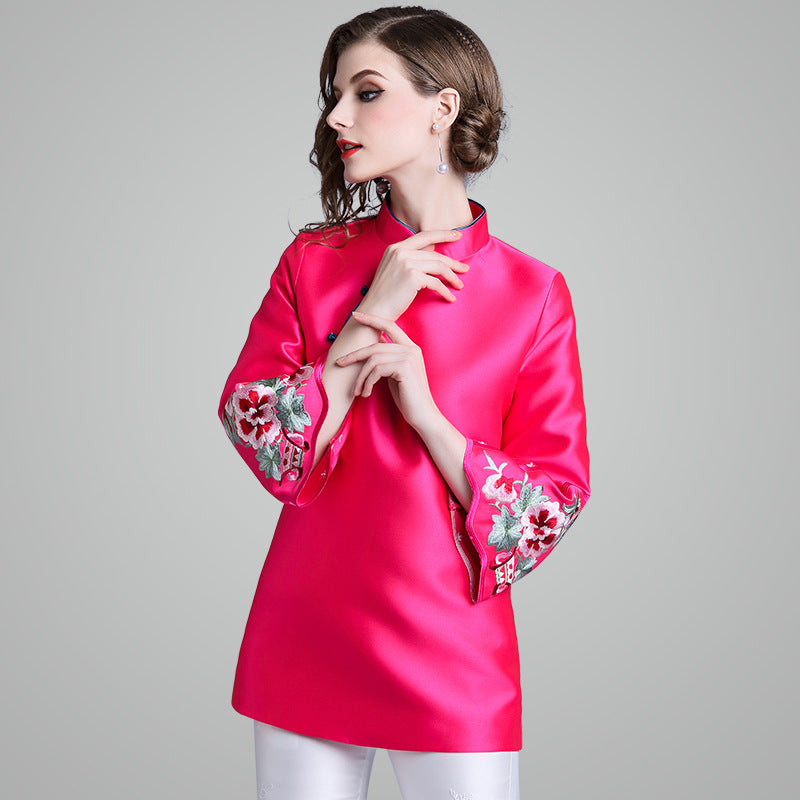 Floral Embroidery Mandarin Sleeve A-line Cheongsam Top Chinese Jacket