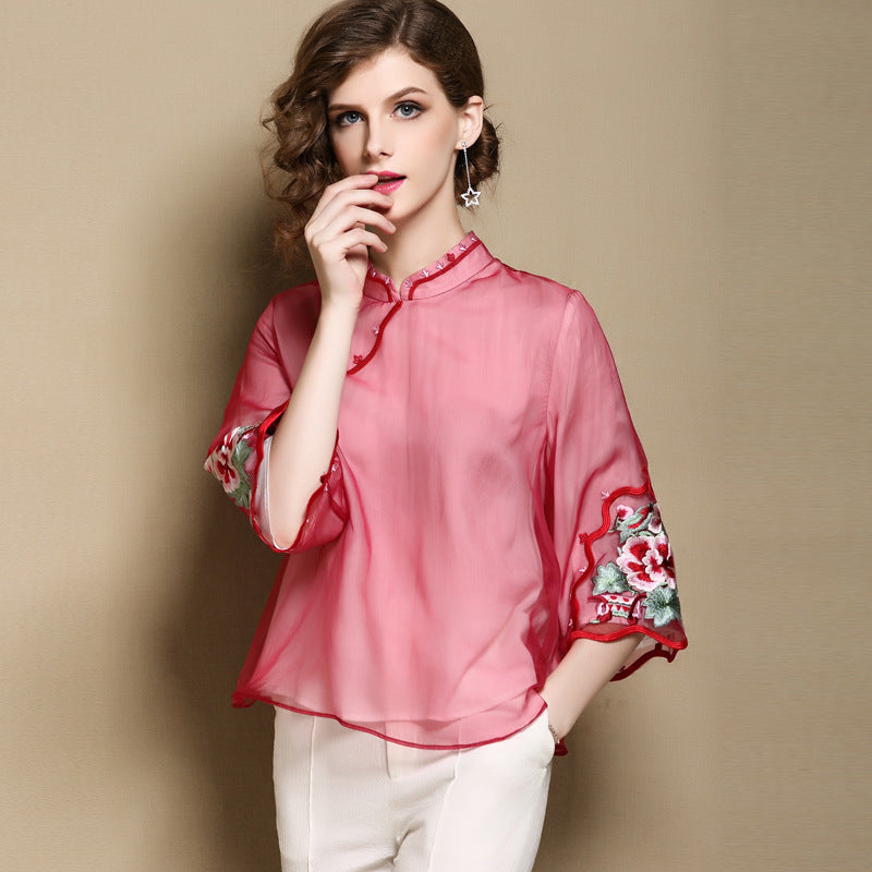 Floral Embroidery Mandarin Sleeve Cheongsam Top Chinese Style Blouse