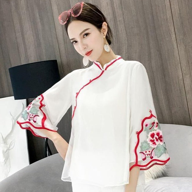 Floral Embroidery Mandarin Sleeve Chinese Style Women's Shirt