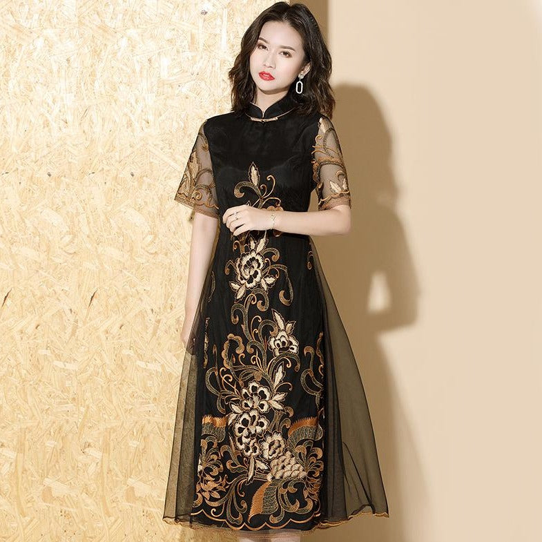 Floral Embroidery Modern Cheongsam A-Line Chinese Dress with Tulle