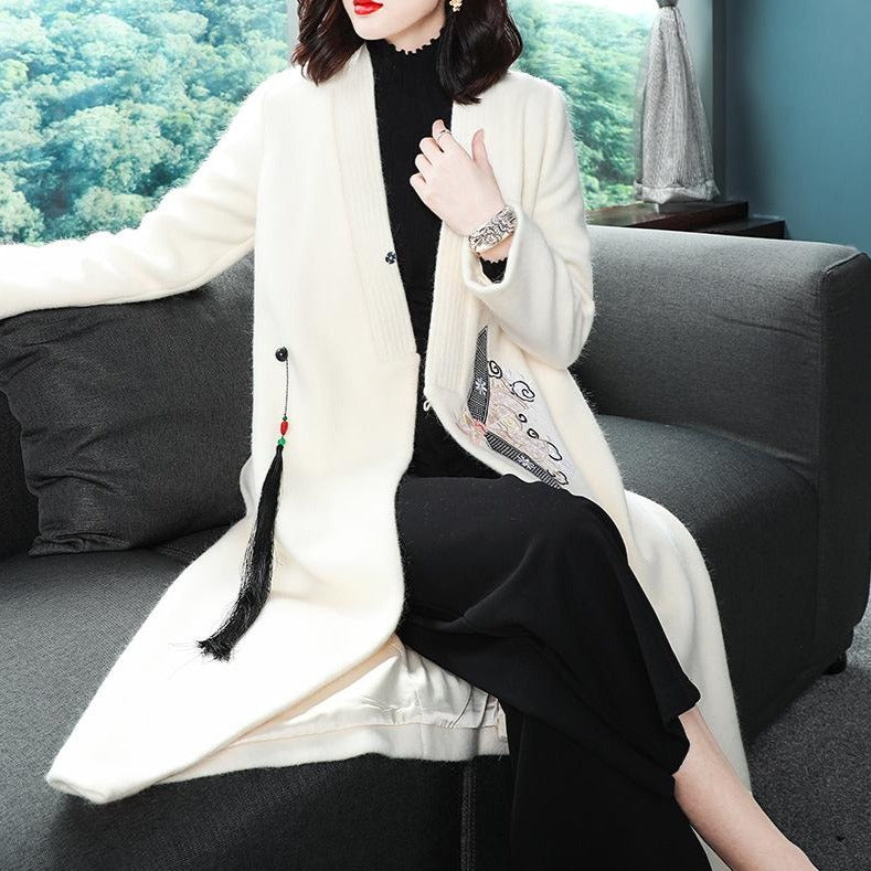 Floral Embroidery Pocket Chinese Style Wool Coat Wind Coat