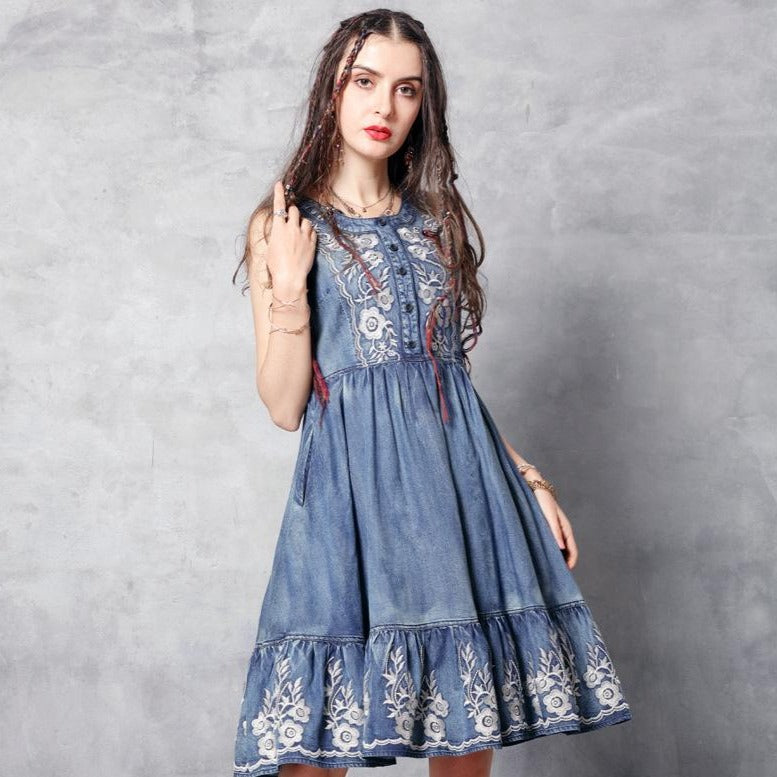 Floral Embroidery Round Neck Knee Length Chinese Style Jean Dress