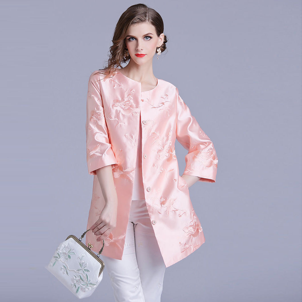 Floral Embroidery Round Neck Long Chinese Style Wind Coat