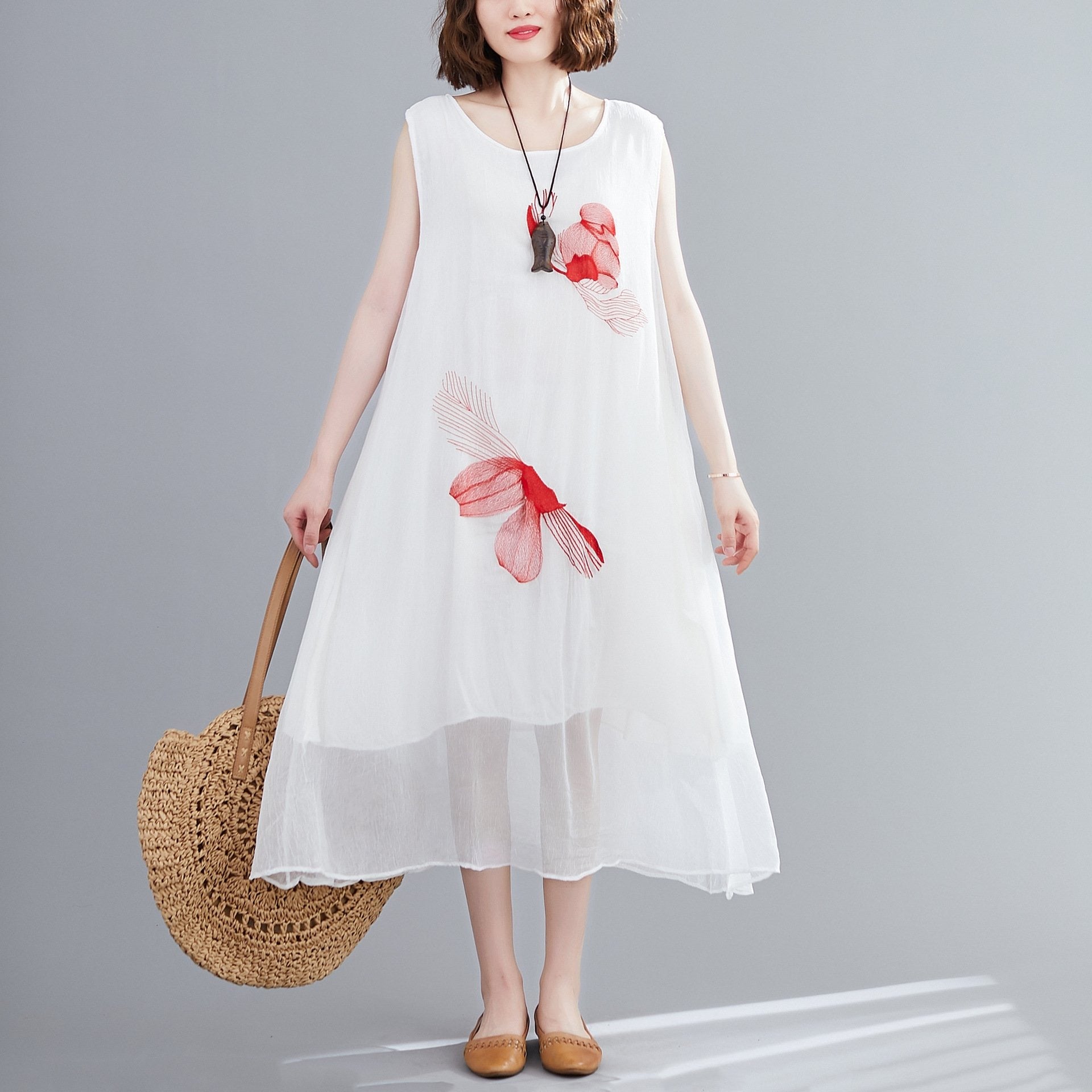 Floral Embroidery Round Neck Oriental Chiffon Casual Dress