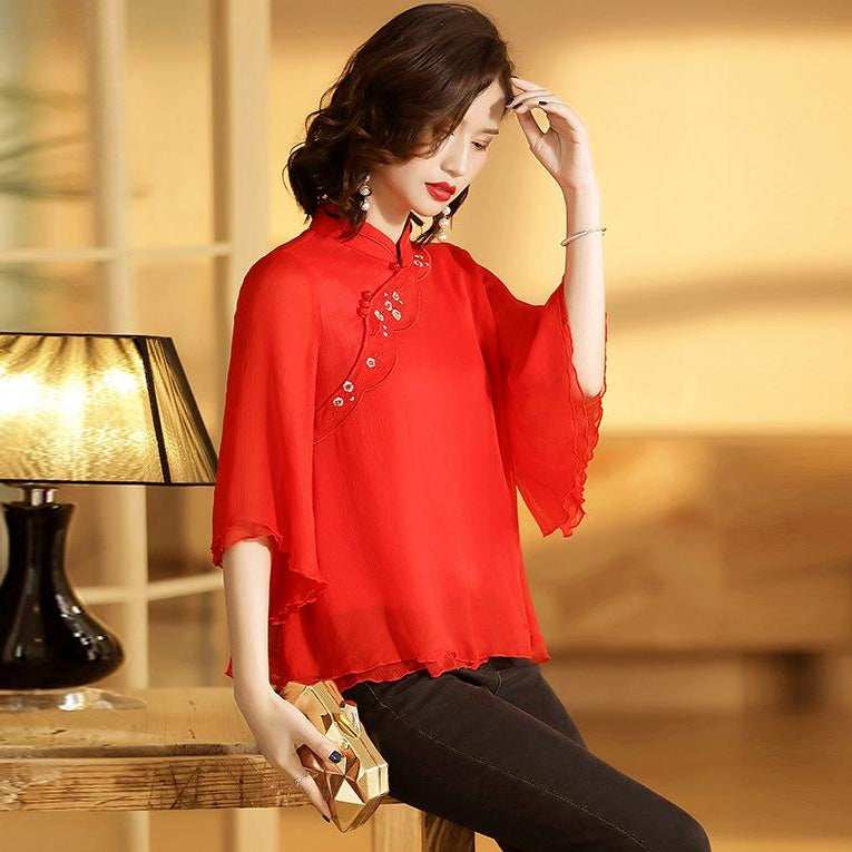 Floral Embroidery Ruffle Sleeve Cheongsam Top Chinese Blouse