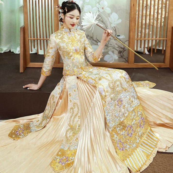 Floral Embroidery & Sequins Pleated Skirt Traditional Chinese Wedding Suit