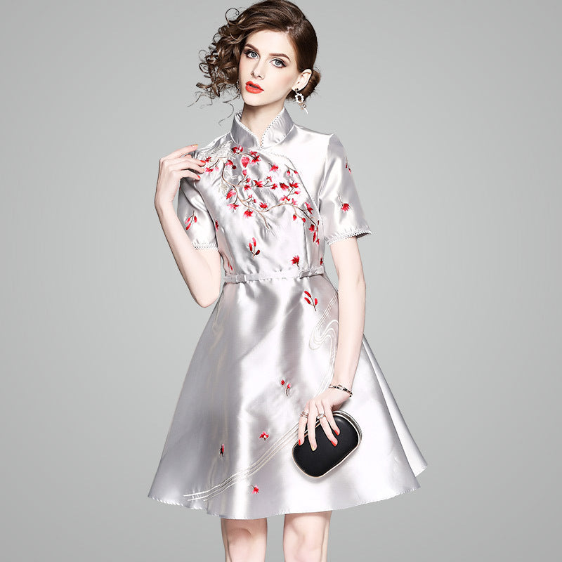 Floral Embroidery Short Sleeve Cheongsam Top A-line Dress