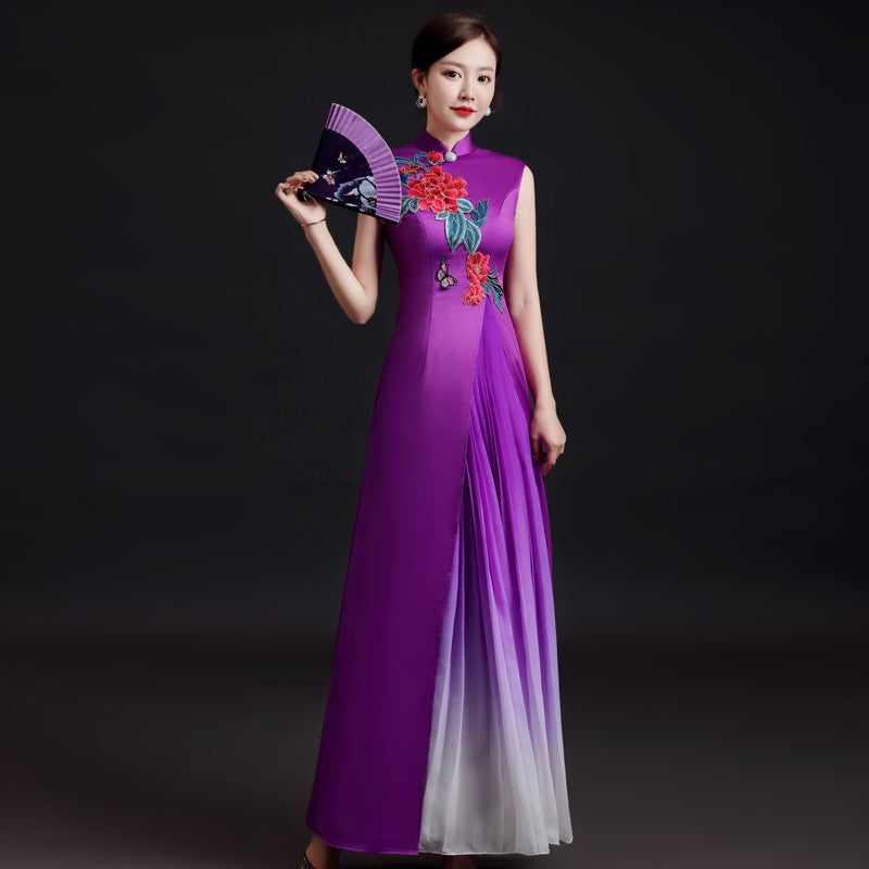 Floral Embroidery Sleeveless Cheongsam Top Chinese Prom Dress