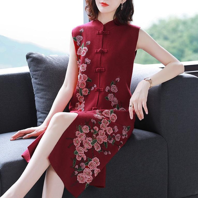 Floral Embroidery Sleeveless Modern Cheongsam A-line Knit Dress