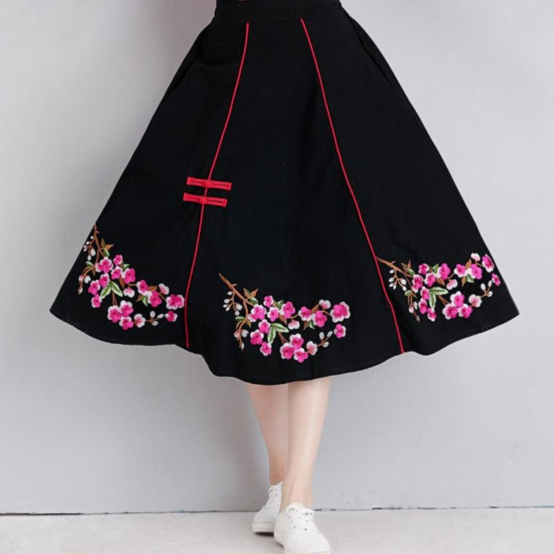 Floral Embroidery Tea Length Traditional Chinese Style Expansion Skirt