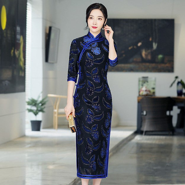 Floral Embroidery Tea Length Velvet Traditional Cheongsam Chinese Dress