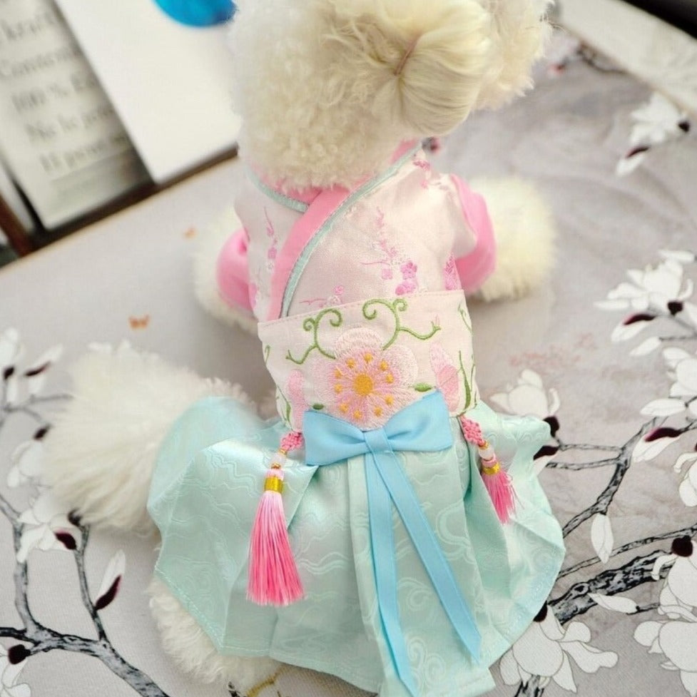 Floral Embroidery Traditional Chinese Hanfu Holiday Dress for Dog Teddy