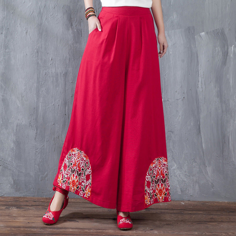 Floral Embroidery Traditional Chinese Style Women's Loose Pants