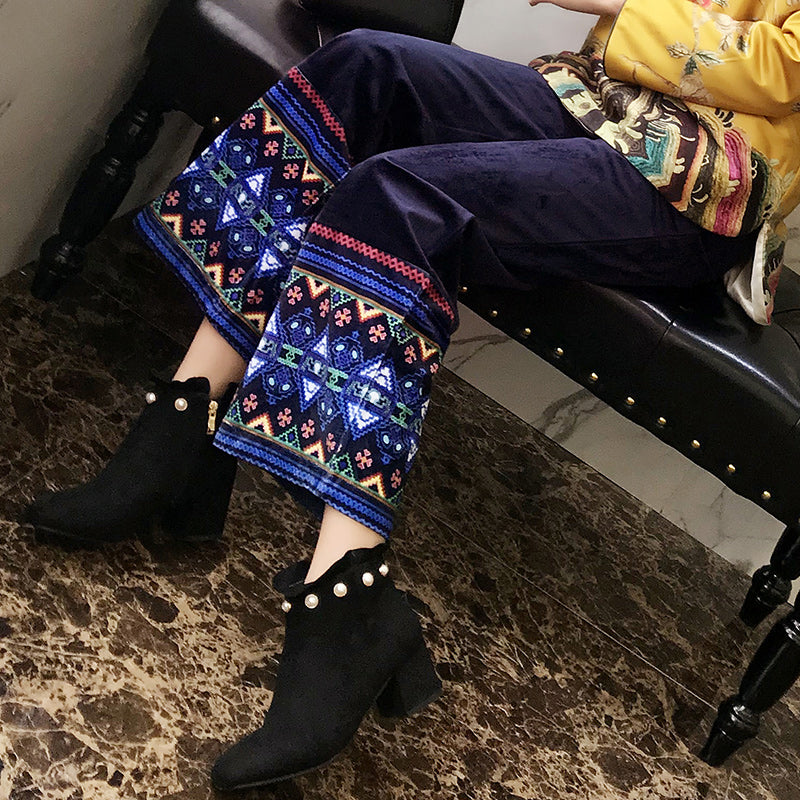 Floral Embroidery Traditional Chinese Style Women's Pants Loose Trousers