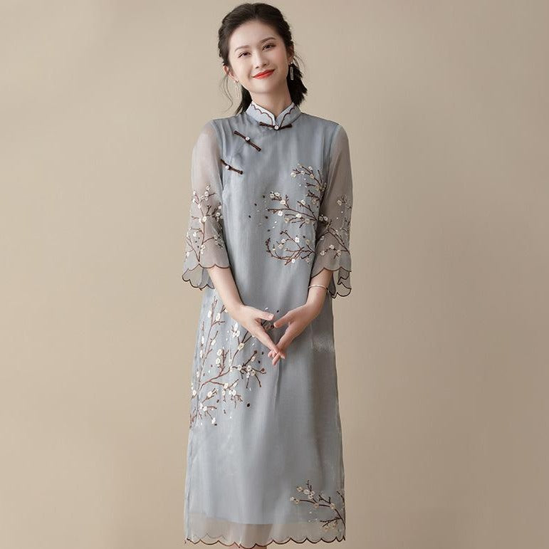 Floral Embroidery Trumpet Sleeve Organza Modern Cheongsam Chinese Dress