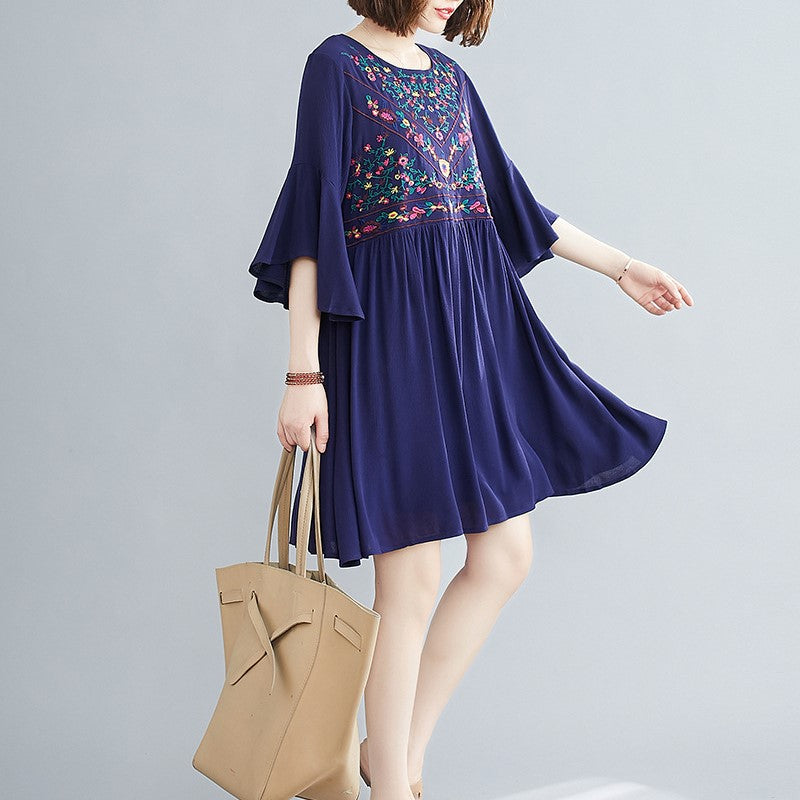 Floral Embroidery Trumpet Sleeve Oriental Casual Dress Beach Dress