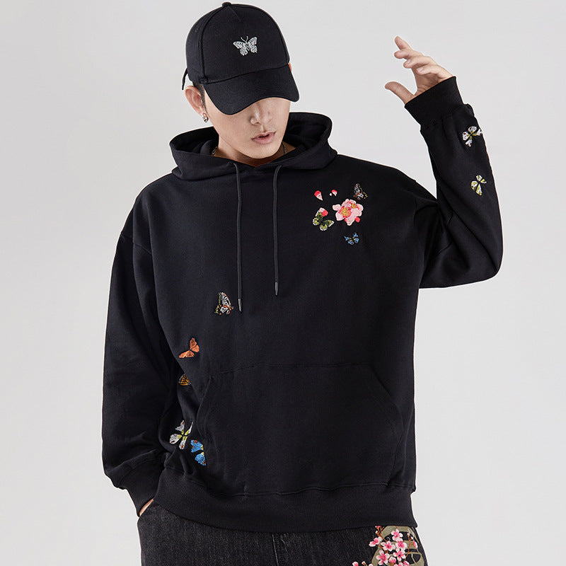 Floral Embroidery Unisex Oriental Hoodie Cotton Sweatshirt