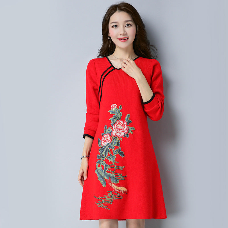 Floral Embroidery V Neck Cheongsam Chinese Style Sweater Dress