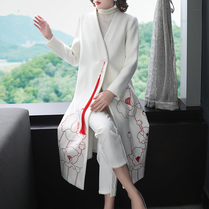 Floral Embroidery V Neck Tea Length Chinese Style Mother's Wind Coat