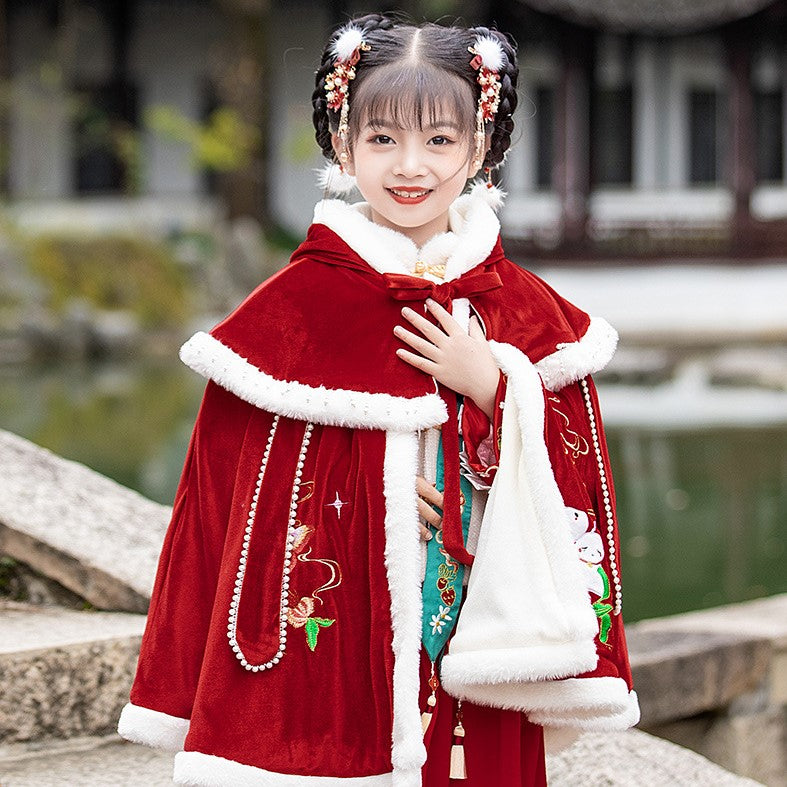 Floral Embroidery Velvet Cape Girl's Hanfu Suit Chinese New Year Costume