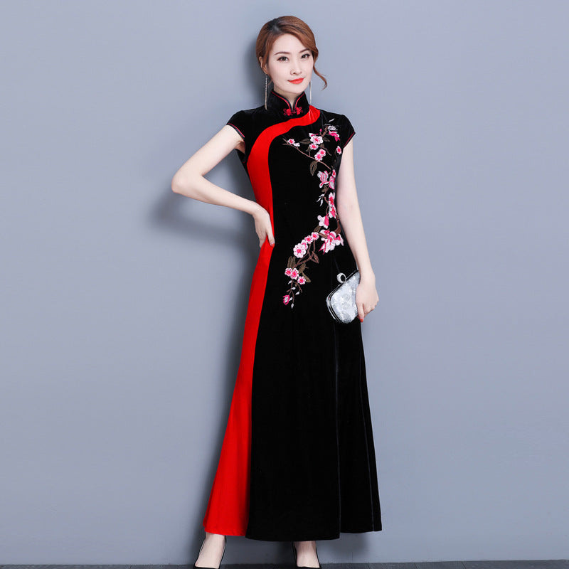 Floral Embroidery Velvet Cheongsam Dress Mermaid Evening Gown