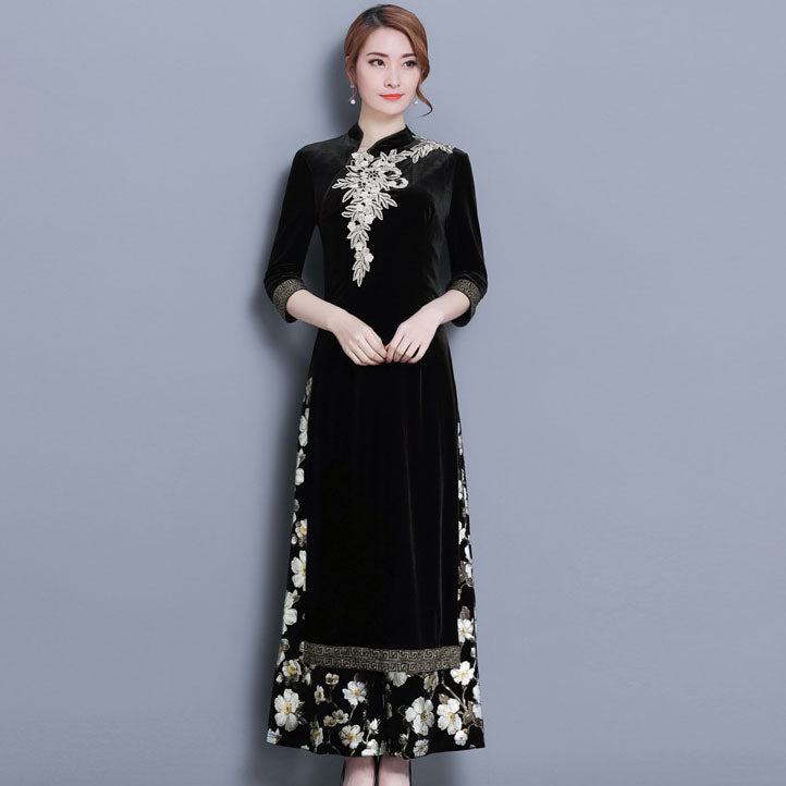 Floral Embroidery Velvet Cheongsam Top Full Length Ao Dai Dress