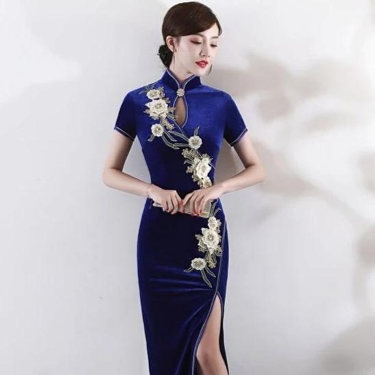 Floral Embroidery Velvet Cheongsam Top Retro Evening Dress