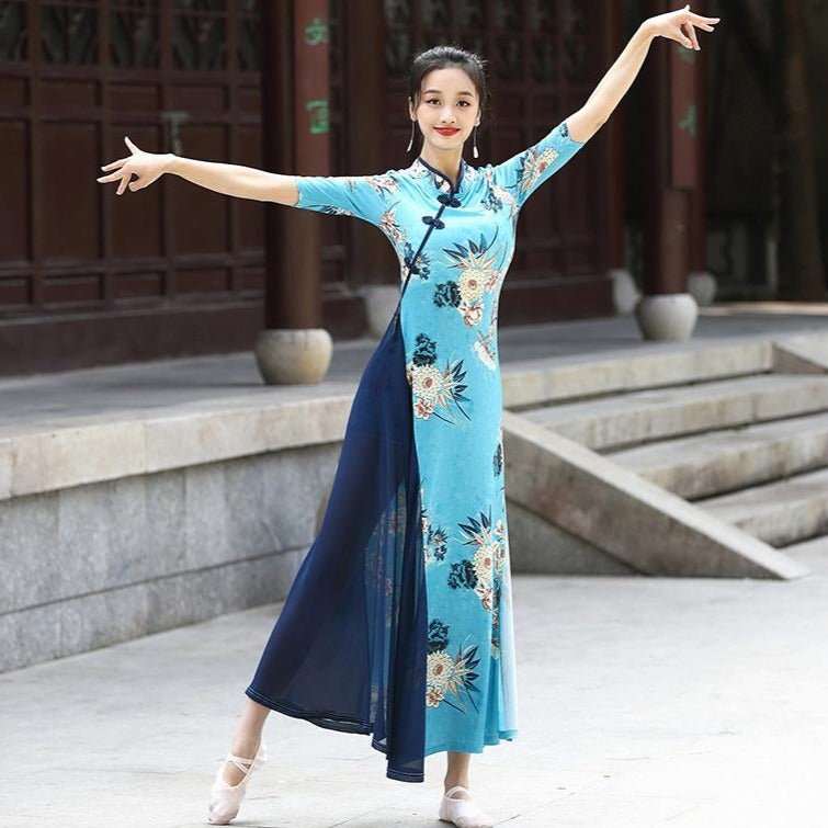 Floral Fancy Cotton Cheongsam Top Chinese Style Dance Costume